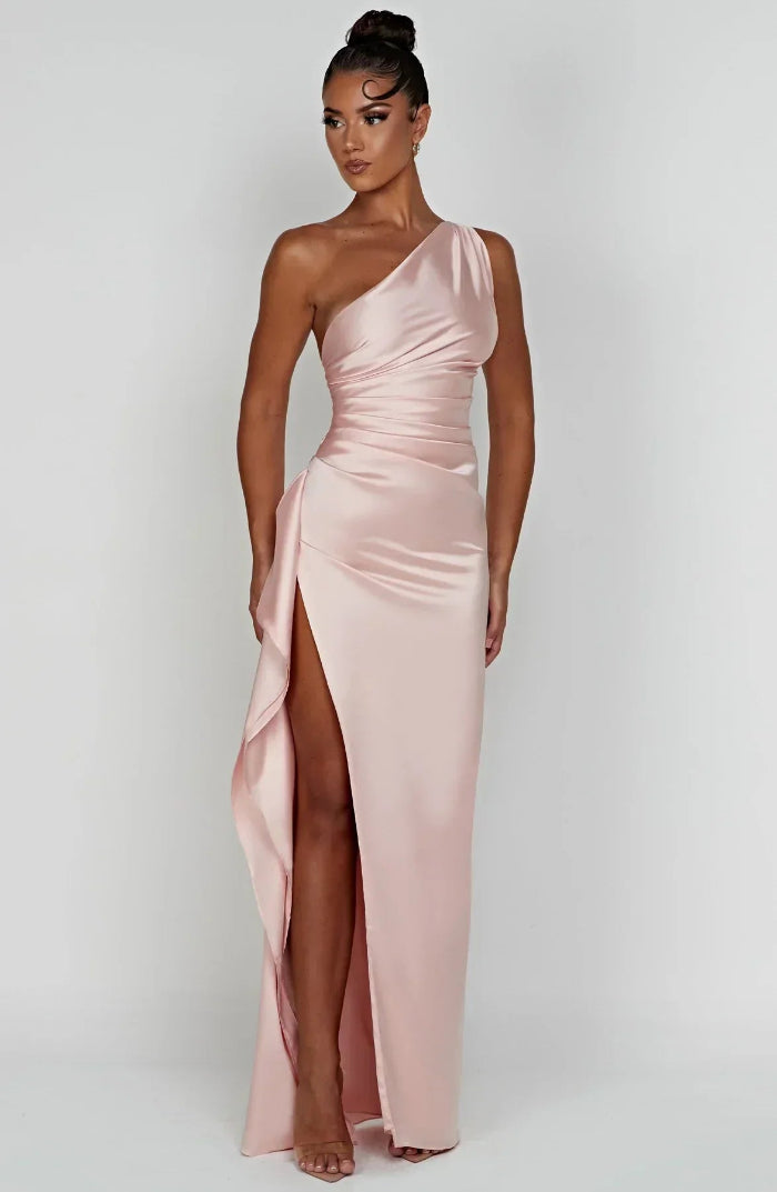 Asymmetrische Elegante Avondjurk met Hoge Split - One Shoulder Maxi Dress