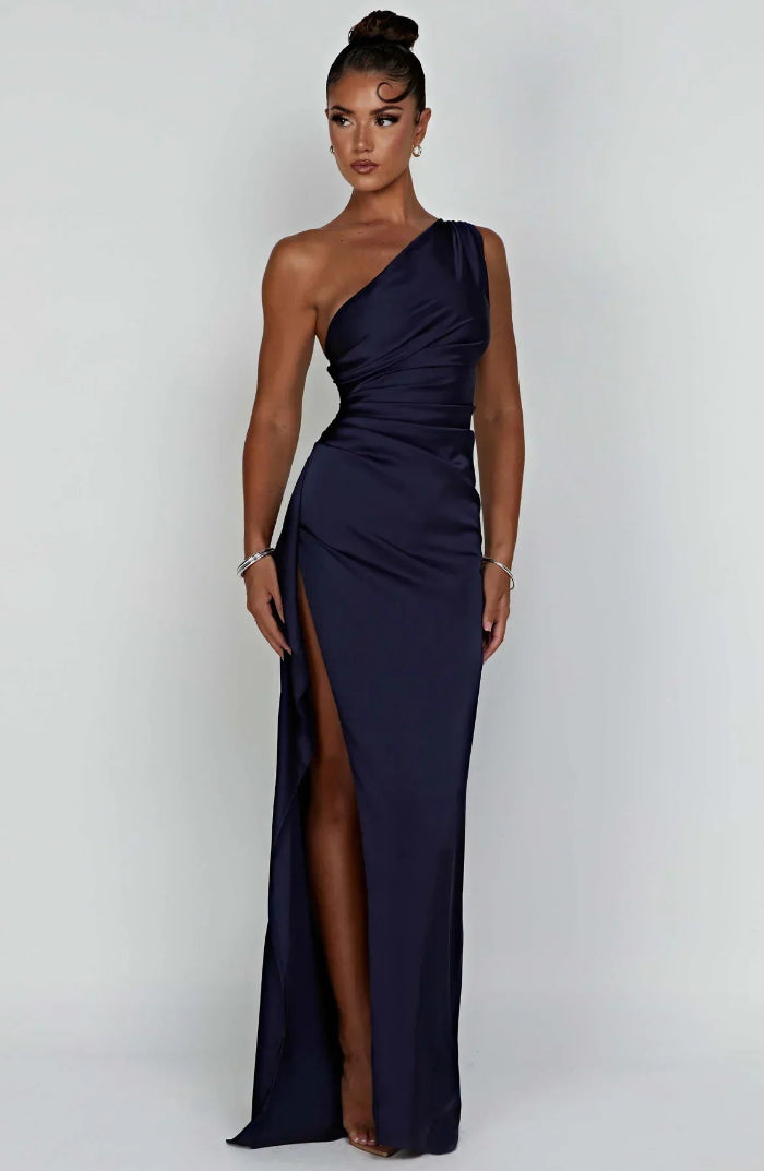 Asymmetrische Elegante Avondjurk met Hoge Split - One Shoulder Maxi Dress