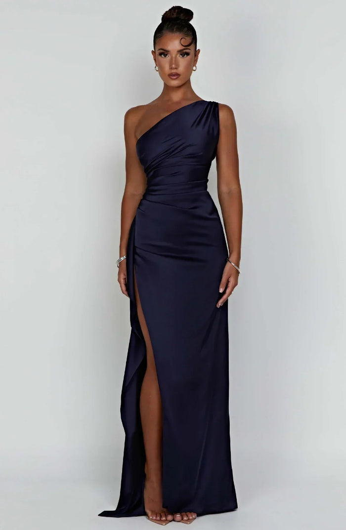Asymmetrische Elegante Avondjurk met Hoge Split - One Shoulder Maxi Dress