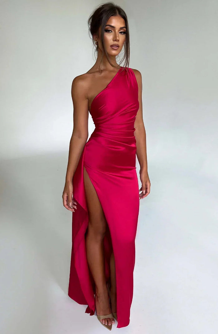 Asymmetrische Elegante Avondjurk met Hoge Split - One Shoulder Maxi Dress