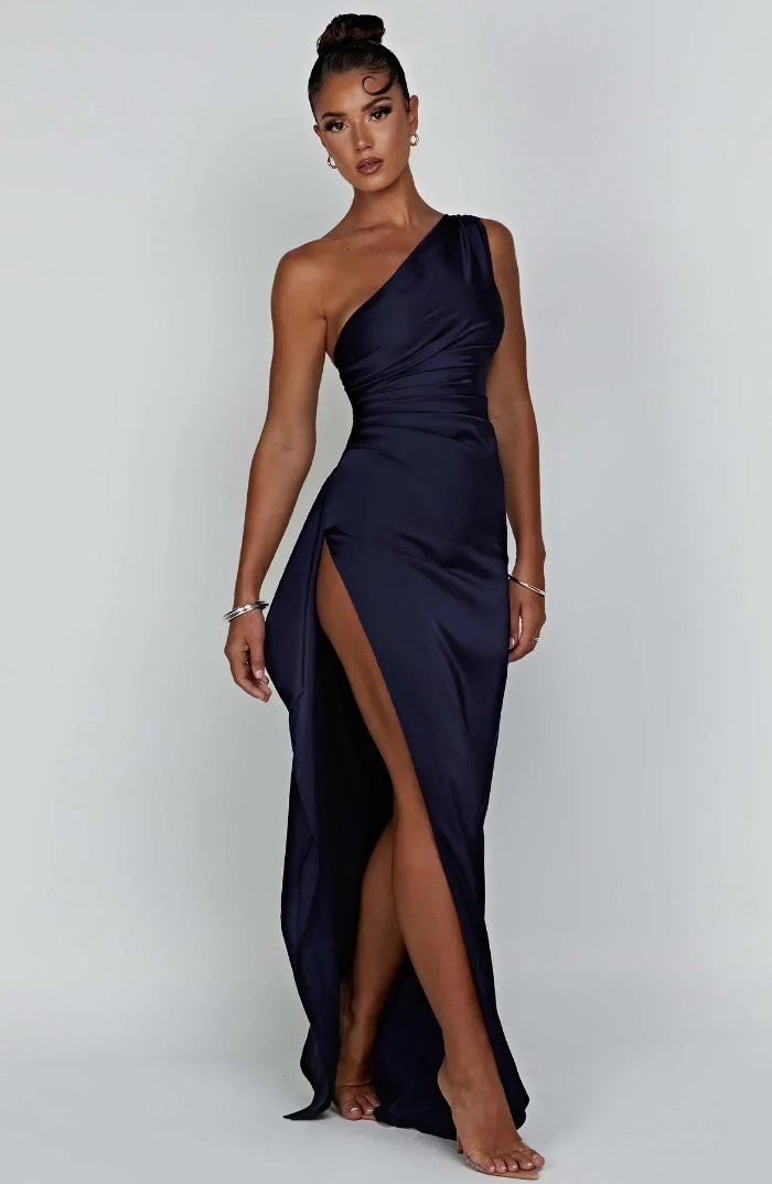 Asymmetrische Elegante Avondjurk met Hoge Split - One Shoulder Maxi Dress
