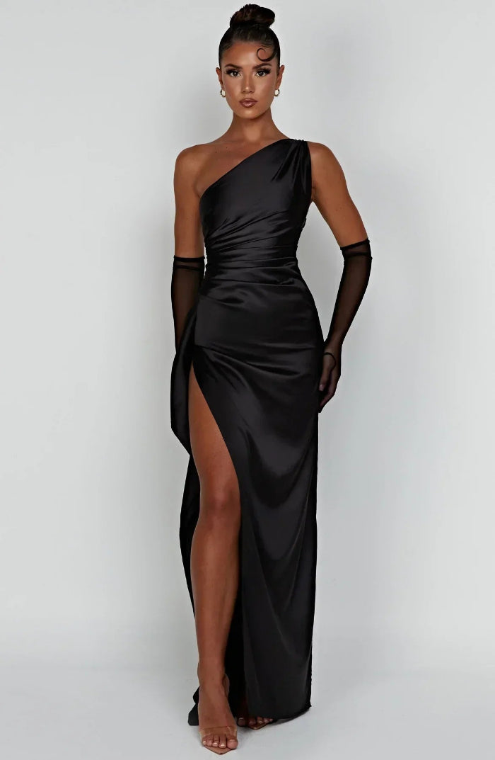 Asymmetrische Elegante Avondjurk met Hoge Split - One Shoulder Maxi Dress
