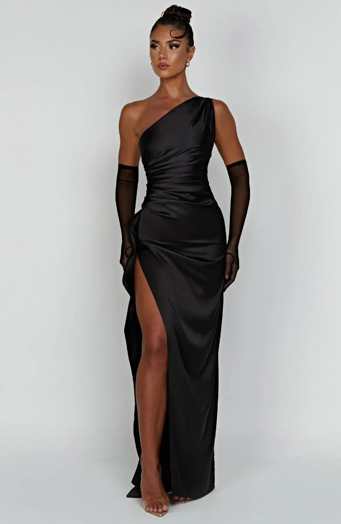 Asymmetrische Elegante Avondjurk met Hoge Split - One Shoulder Maxi Dress