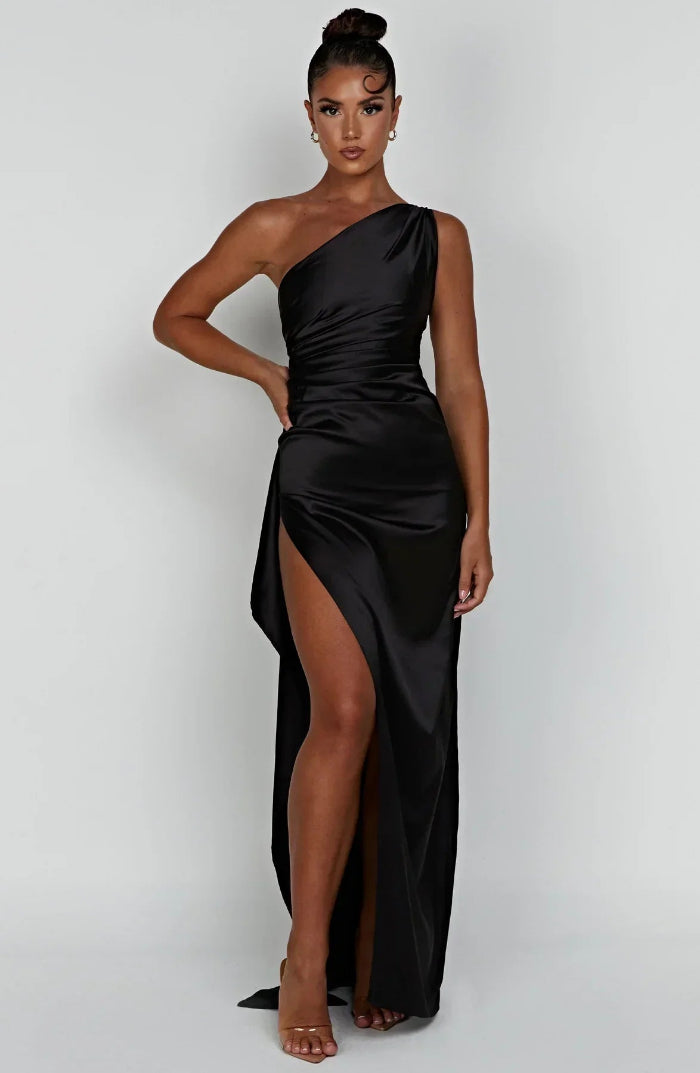 Asymmetrische Elegante Avondjurk met Hoge Split - One Shoulder Maxi Dress