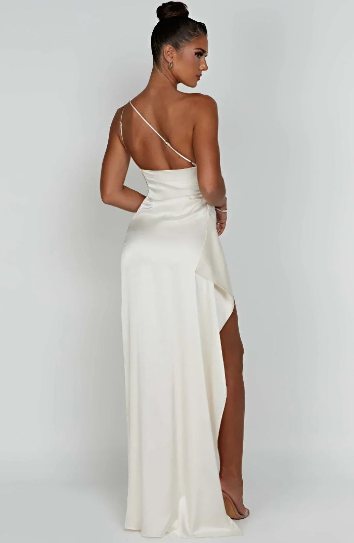 Asymmetrische Elegante Avondjurk met Hoge Split - One Shoulder Maxi Dress