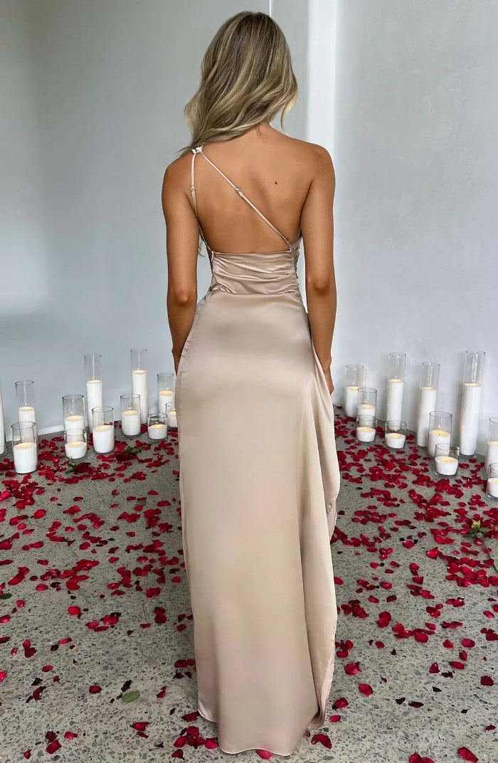 Asymmetrische Elegante Avondjurk met Hoge Split - One Shoulder Maxi Dress