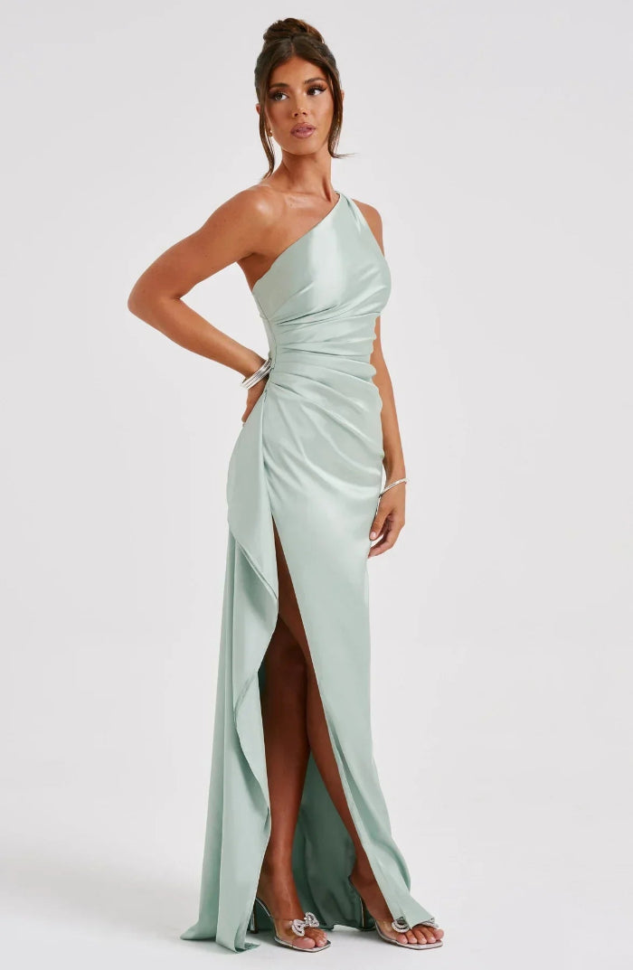 Asymmetrische Elegante Avondjurk met Hoge Split - One Shoulder Maxi Dress