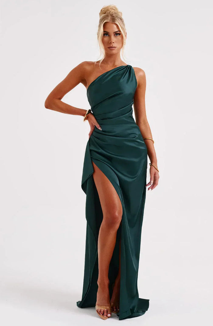 Asymmetrische Elegante Avondjurk met Hoge Split - One Shoulder Maxi Dress