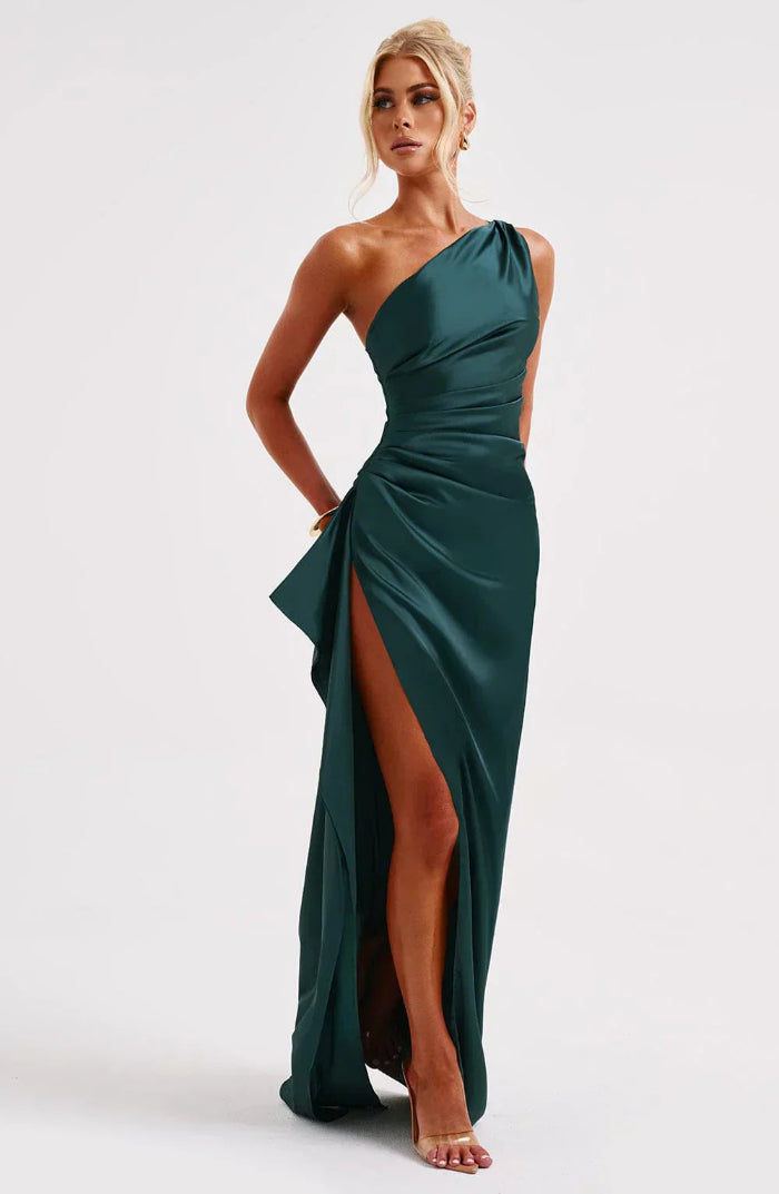Asymmetrische Elegante Avondjurk met Hoge Split - One Shoulder Maxi Dress