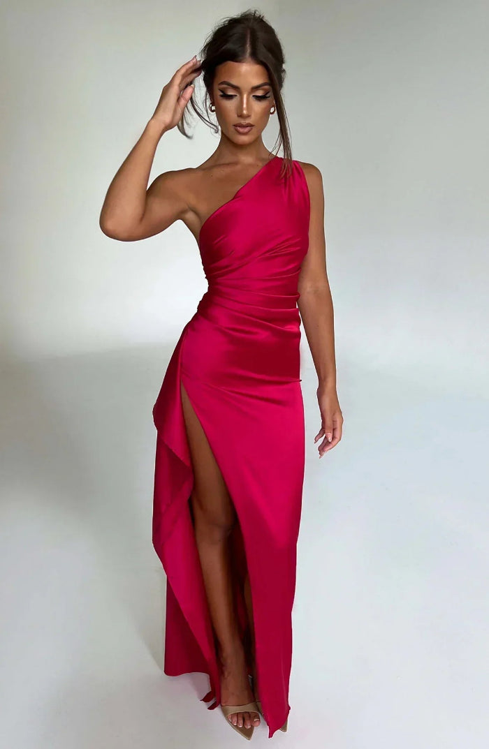 Asymmetrische Elegante Avondjurk met Hoge Split - One Shoulder Maxi Dress