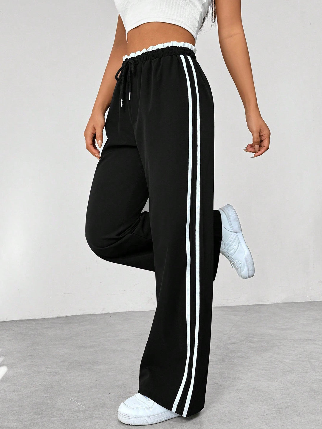 Dames Broek Wijde Pijpen met Elastische Taille - Witte zijstreep