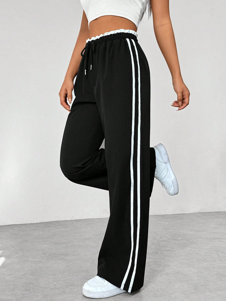 Dames Broek Wijde Pijpen met Elastische Taille - Witte zijstreep
