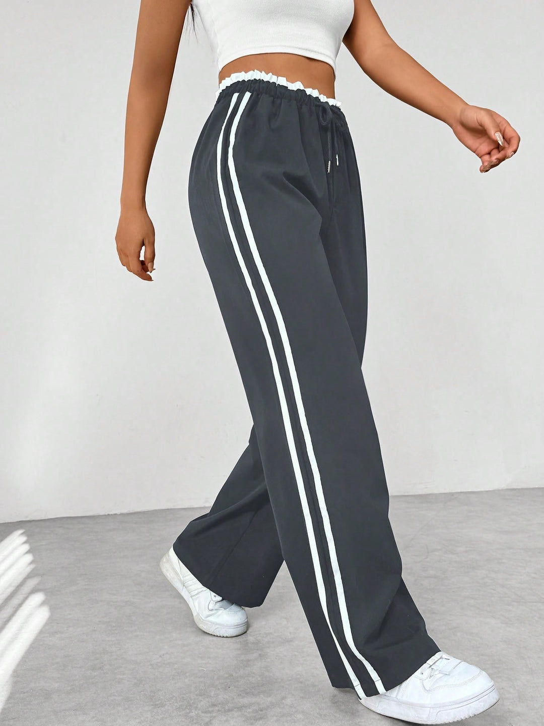 Dames Broek Wijde Pijpen met Elastische Taille - Witte zijstreep