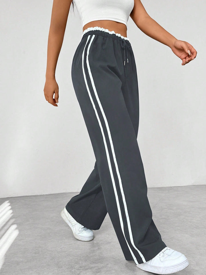 Dames Broek Wijde Pijpen met Elastische Taille - Witte zijstreep