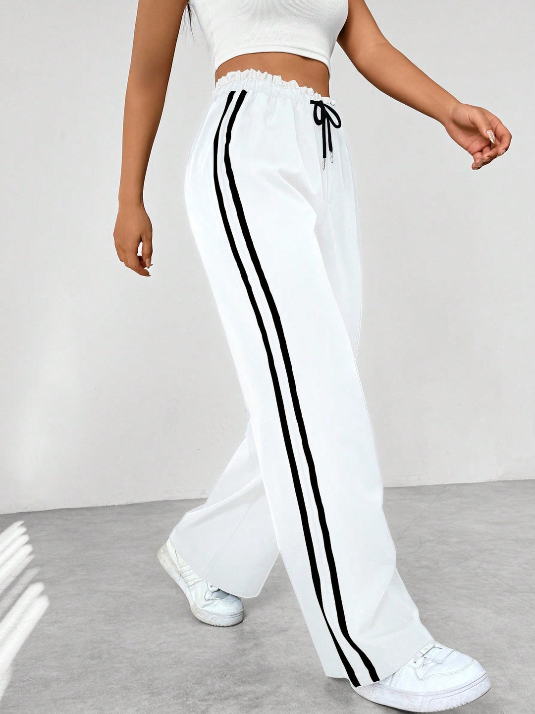 Dames Broek Wijde Pijpen met Elastische Taille - Witte zijstreep