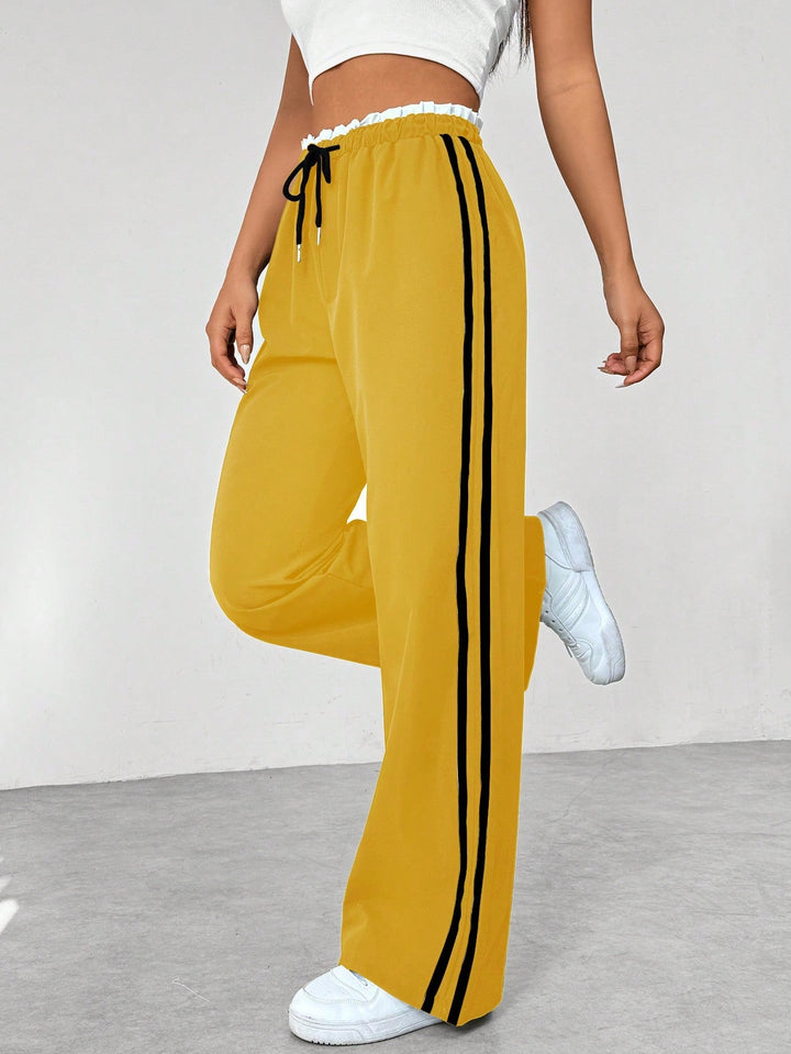Dames Broek Wijde Pijpen met Elastische Taille - Witte zijstreep