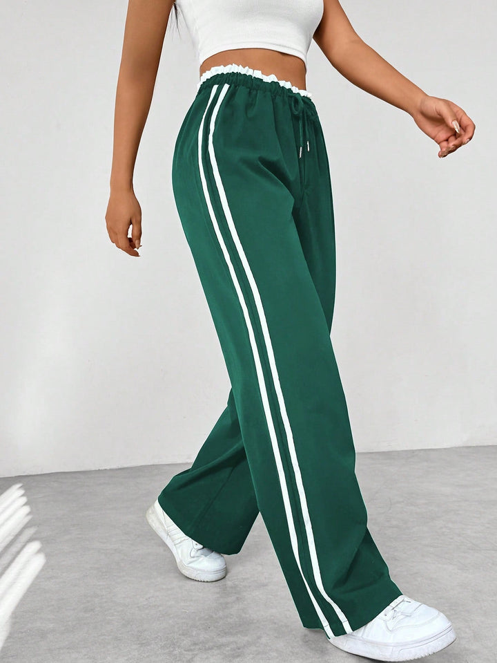 Dames Broek Wijde Pijpen met Elastische Taille - Witte zijstreep