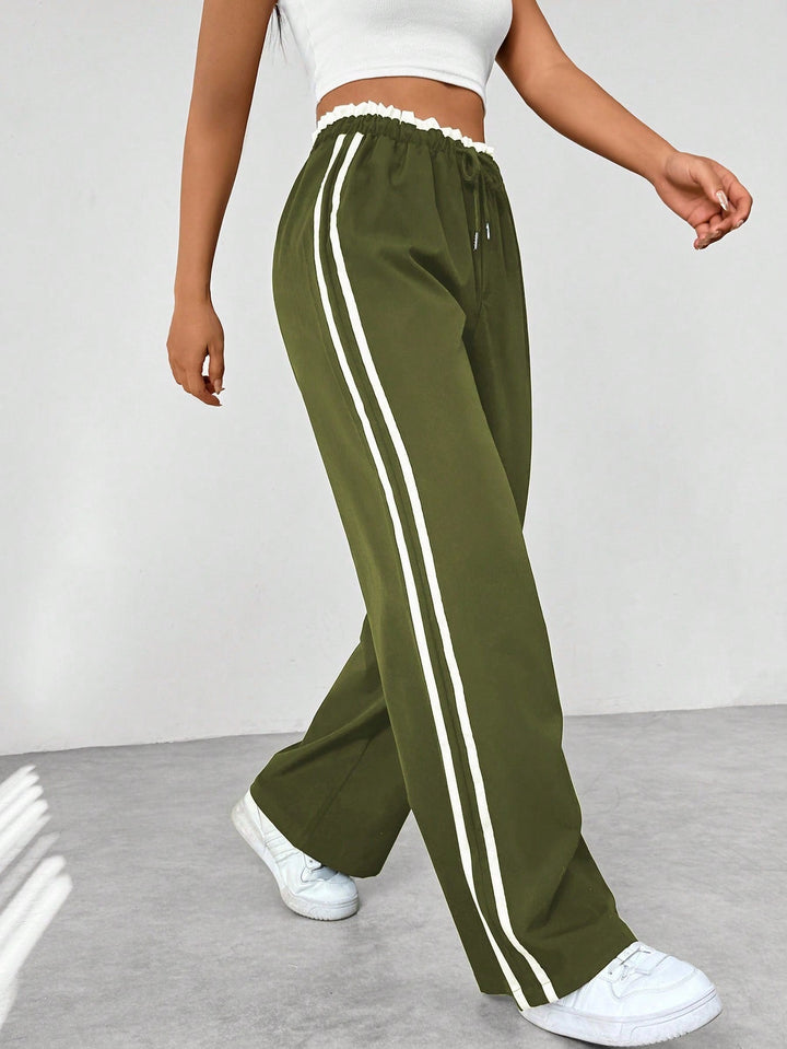 Dames Broek Wijde Pijpen met Elastische Taille - Witte zijstreep