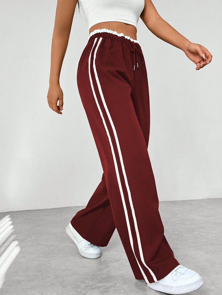 Dames Broek Wijde Pijpen met Elastische Taille - Witte zijstreep