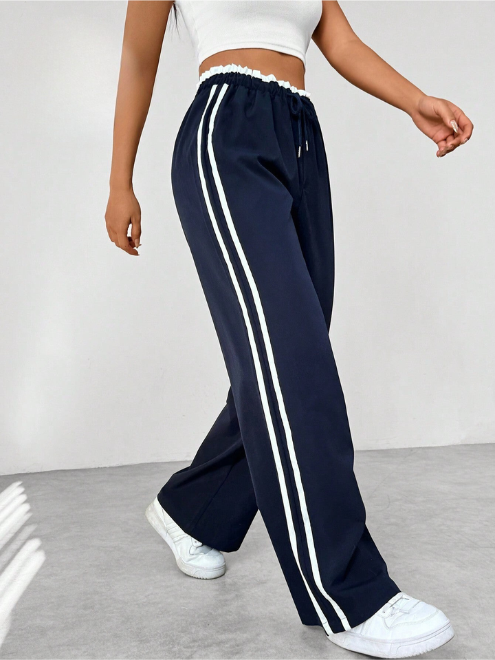 Dames Broek Wijde Pijpen met Elastische Taille - Witte zijstreep