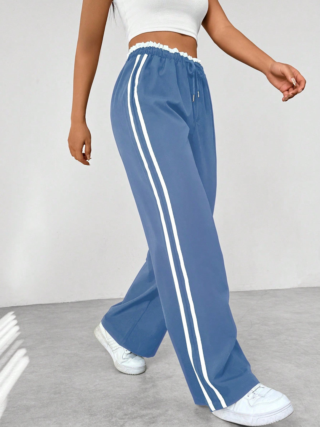 Dames Broek Wijde Pijpen met Elastische Taille - Witte zijstreep