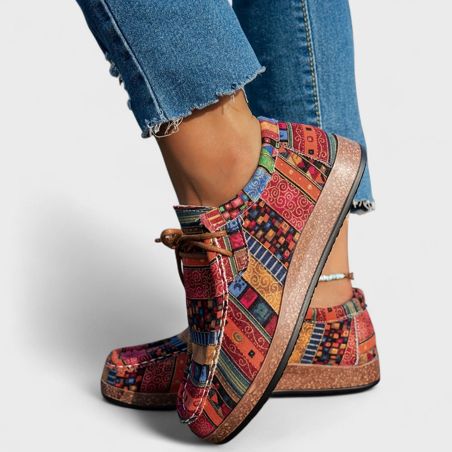 Dames Canvas Veterschoenen met Etnische Print – Lage Platte Schoenen