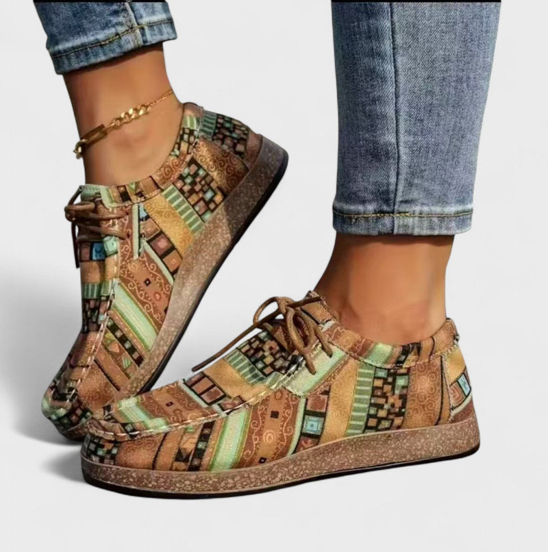 Dames Canvas Veterschoenen met Etnische Print – Lage Platte Schoenen