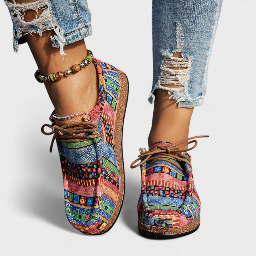 Dames Canvas Veterschoenen met Etnische Print – Lage Platte Schoenen