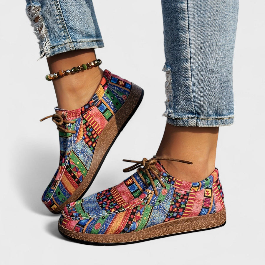 Dames Canvas Veterschoenen met Etnische Print – Lage Platte Schoenen