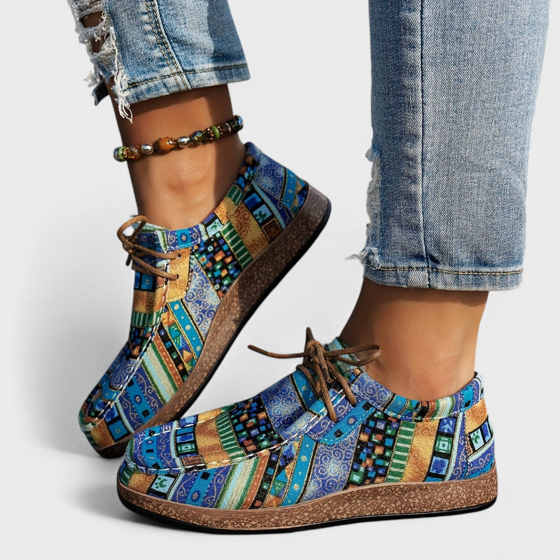 Dames Canvas Veterschoenen met Etnische Print – Lage Platte Schoenen