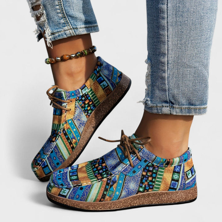 Dames Canvas Veterschoenen met Etnische Print – Lage Platte Schoenen