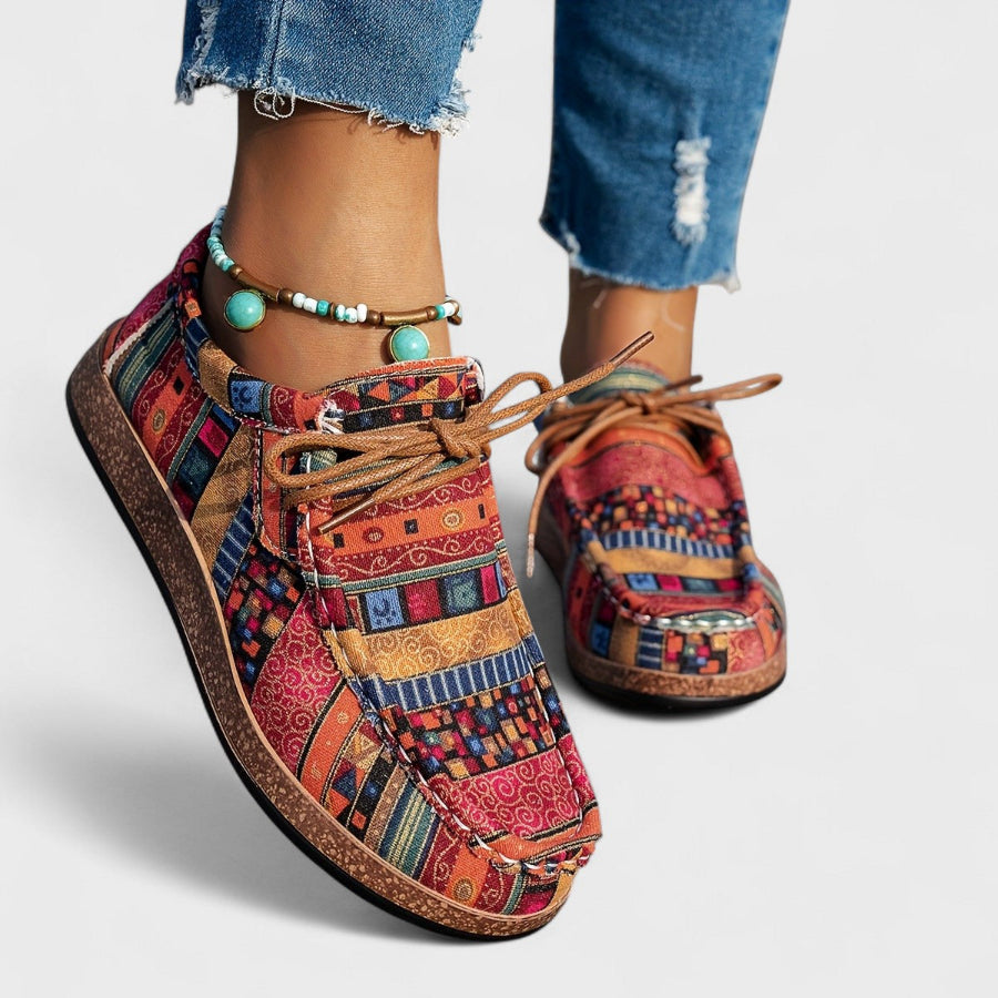 Dames Canvas Veterschoenen met Etnische Print – Lage Platte Schoenen