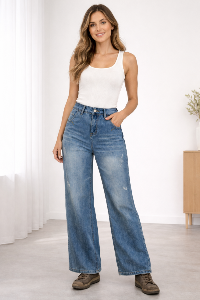 Dames Jeans met Wijde Pijpen en Vervaagde Afwerking - Hoge Taille