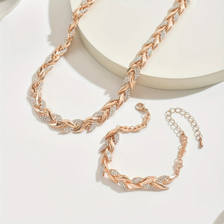 Dames Ketting en Armband Set met Bladvormige Schakels en Strass