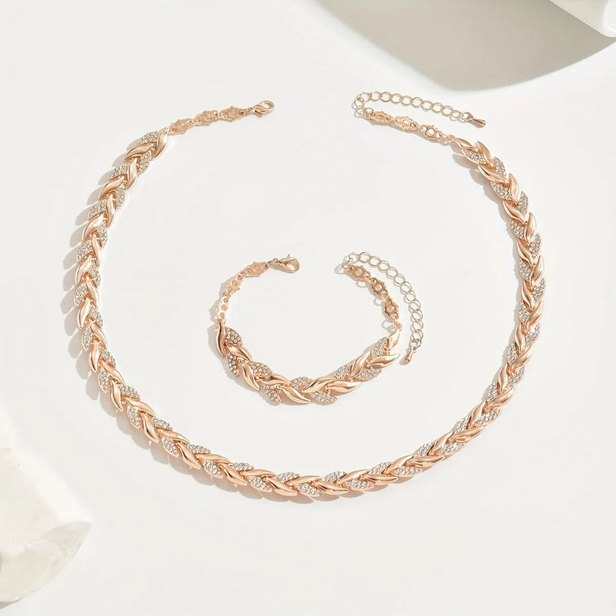 Dames Ketting en Armband Set met Bladvormige Schakels en Strass