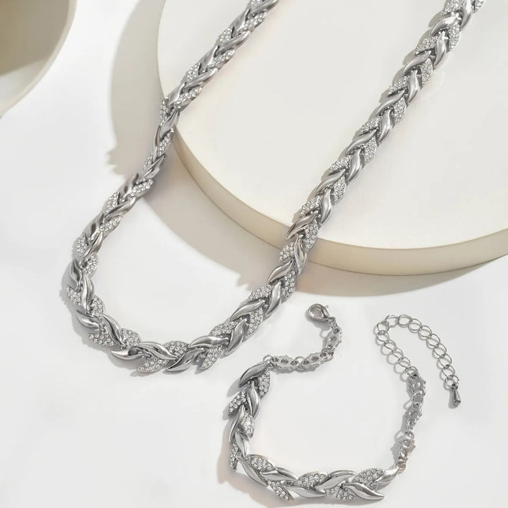 Dames Ketting en Armband Set met Bladvormige Schakels en Strass
