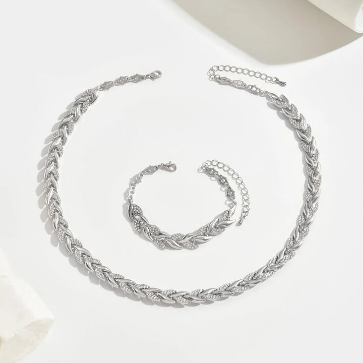 Dames Ketting en Armband Set met Bladvormige Schakels en Strass