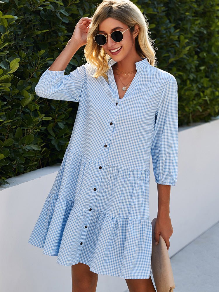 Dames Midi Jurk met Ruitpatroon en Knoopsluiting - Blouse jurk