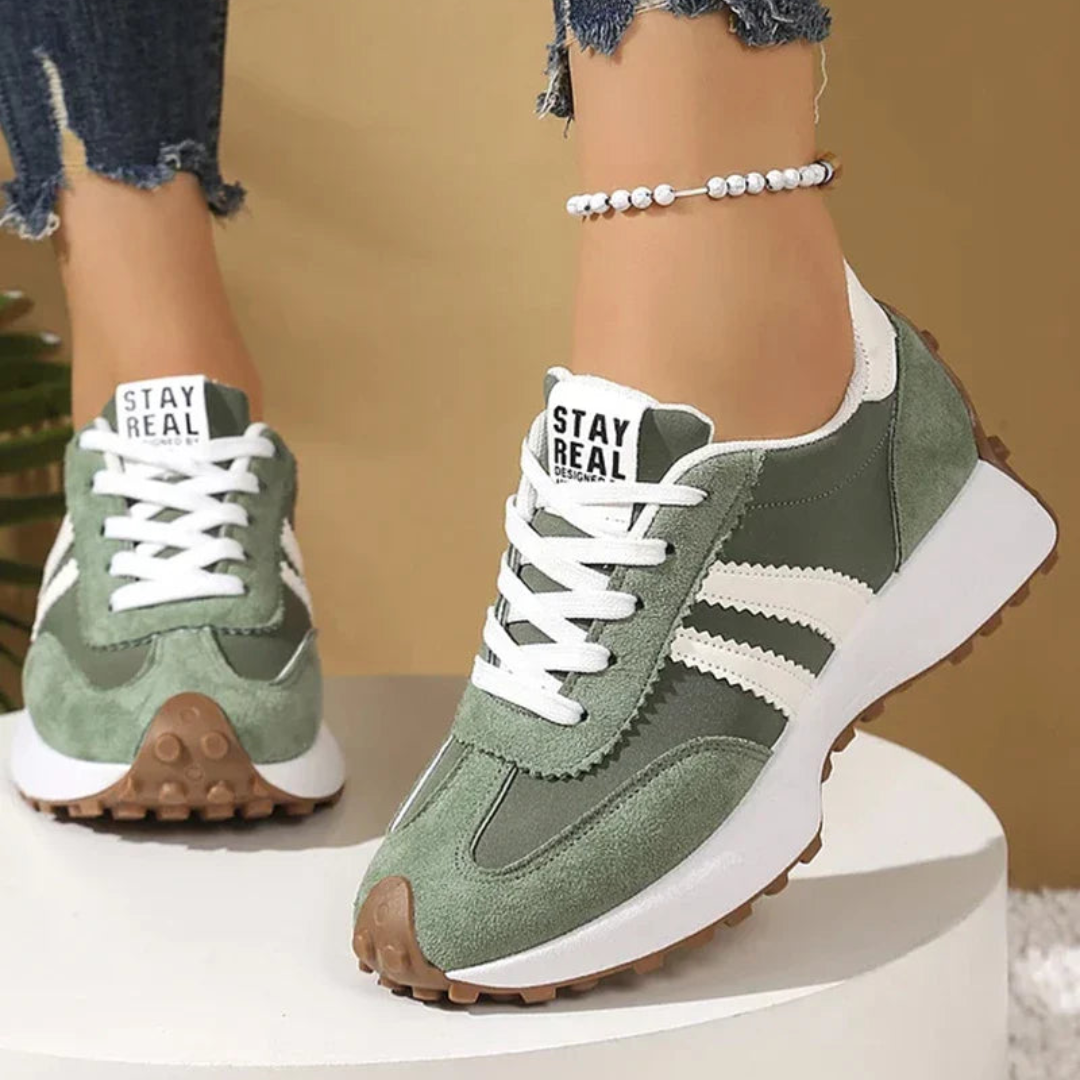 Dames Retro Runner Sneakers – Gestreepte Veterschoenen met Lage Schacht