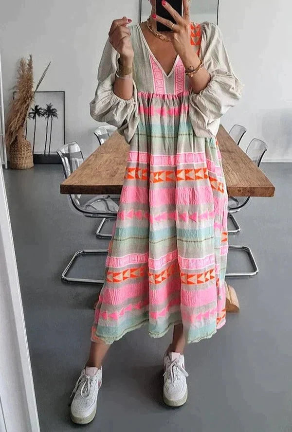 Dames Zomer Jurk met Print en V-hals - Maxi