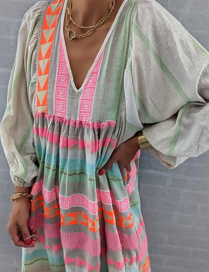 Dames Zomer Jurk met Print en V-hals - Maxi