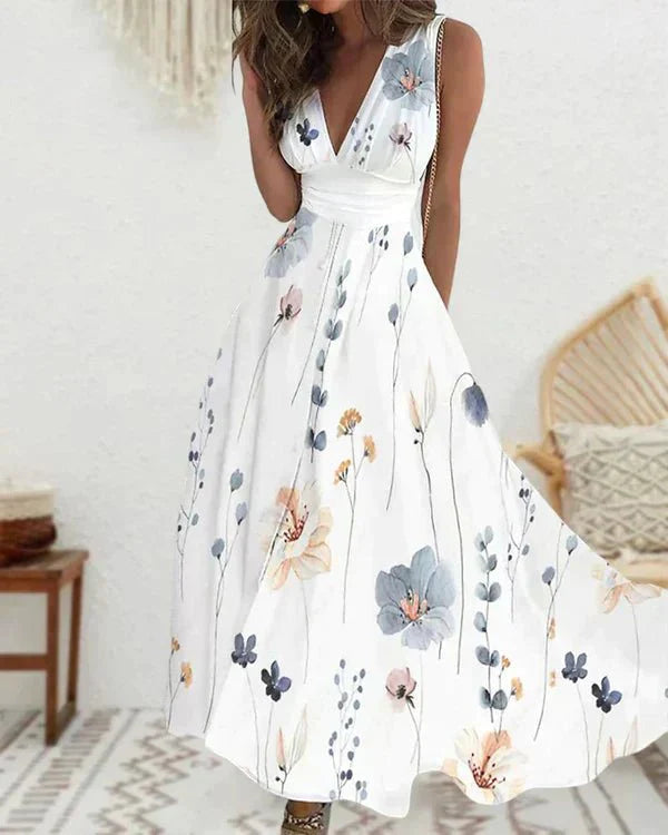 Dames Zomer Midi Jurk met Bloemenprint en V-hals