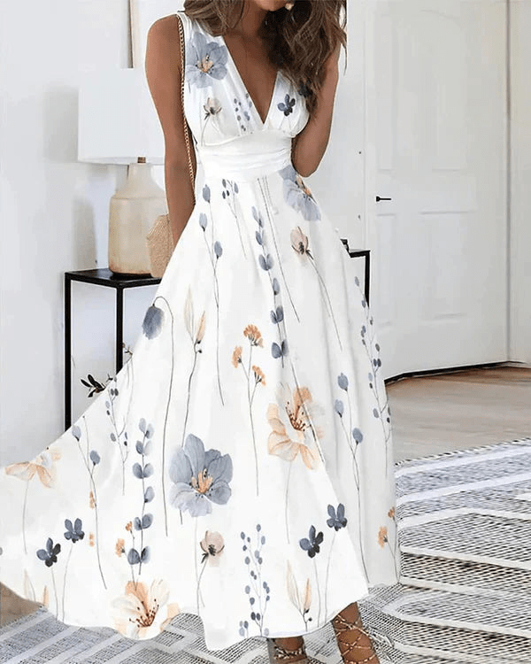 Dames Zomer Midi Jurk met Bloemenprint en V-hals