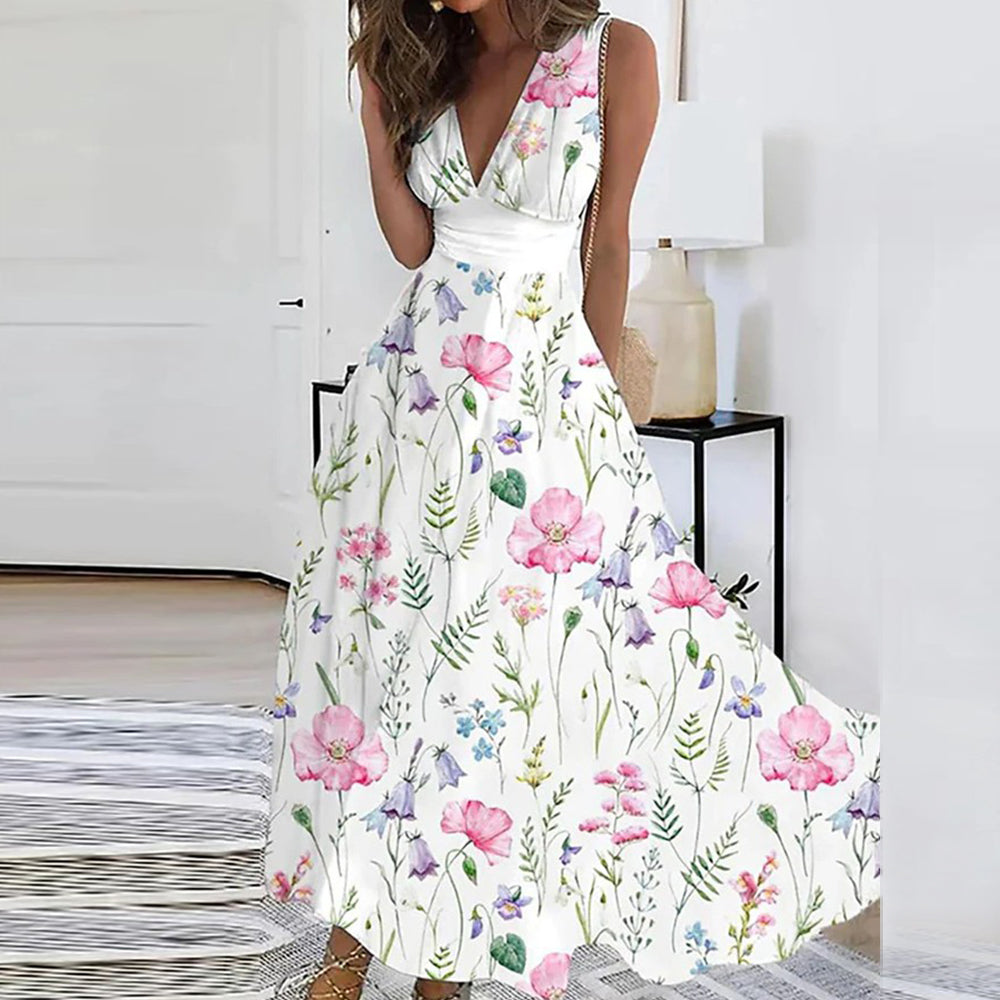 Dames Zomer Midi Jurk met Bloemenprint en V-hals