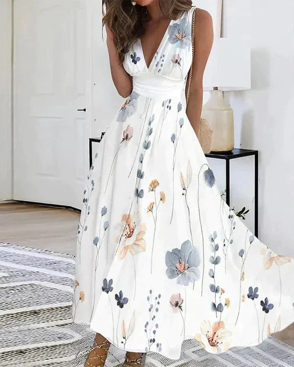 Dames Zomer Midi Jurk met Bloemenprint en V-hals