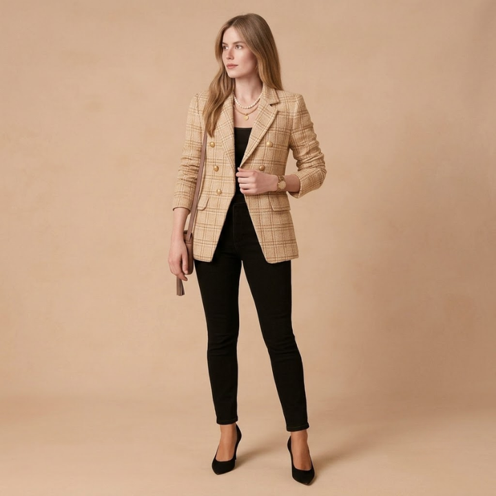 Dames Blazer van Geruite Tweed - Dubbelrijige Blazer met Ruitpatroon