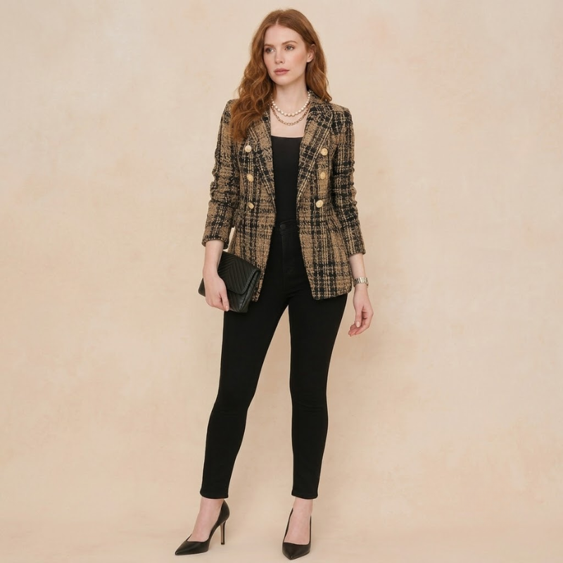 Dames Blazer van Geruite Tweed - Dubbelrijige Blazer met Ruitpatroon