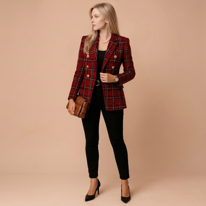 Dames Blazer van Geruite Tweed - Dubbelrijige Blazer met Ruitpatroon