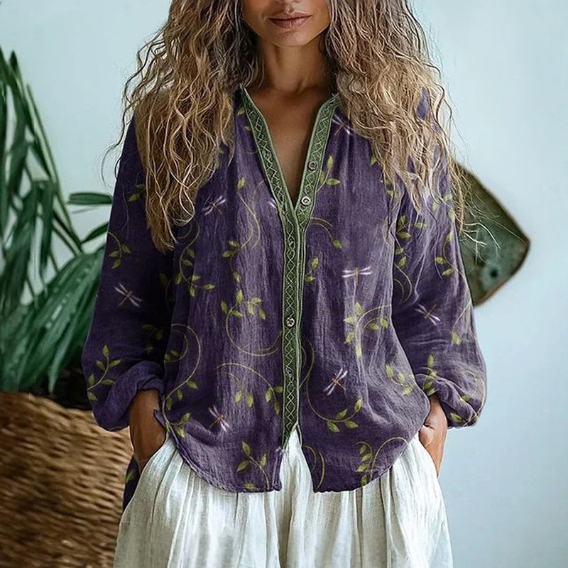 Dames Blouse met Bloemenprint - Top met V-Hals, Lange Mouwen en Knoopsluiting