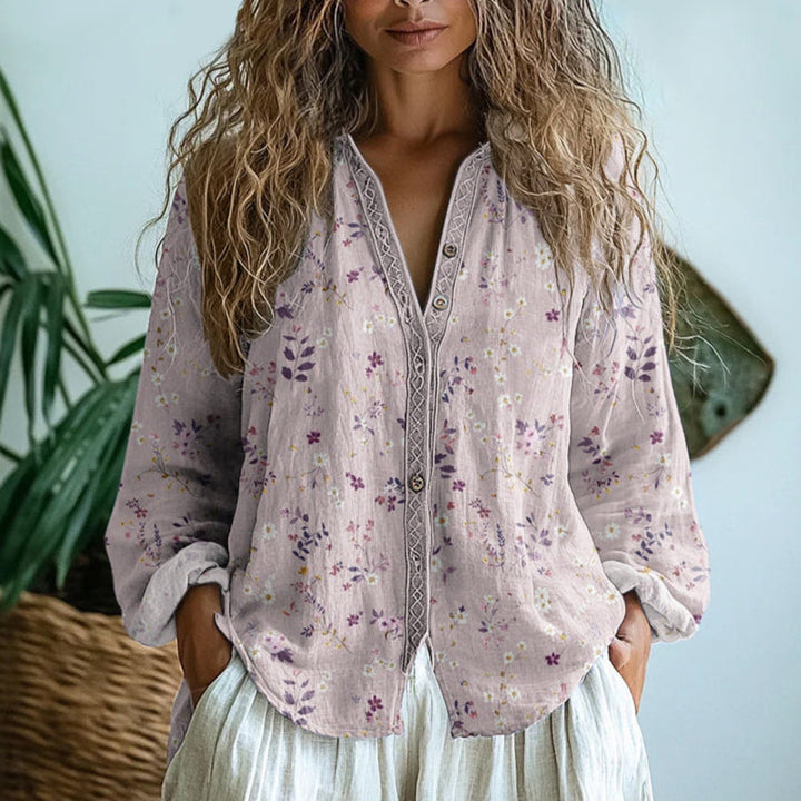 Dames Blouse met Bloemenprint - Top met V-Hals, Lange Mouwen en Knoopsluiting
